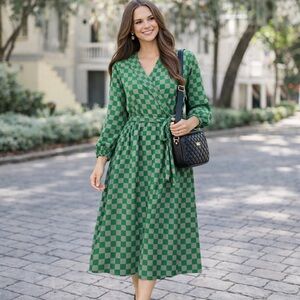 Amaya Size 10 Green Checkered Wrap Duster/Dress Long Sleeve Lined NWT $189.99